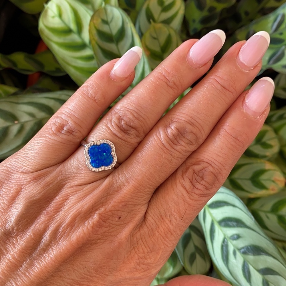 NEW 925 SILVER CLOVER RING BLUE OPAL RING - Picture 3 of 8
